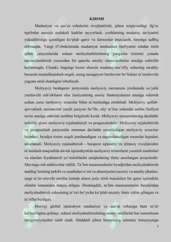 DAVLAT MADANIYAT MUASSASALARI XARAJATLARINI REJALASHTIRISH VA BYUDJETDAN MOLIYALASHTIRISH TARTIBI 2