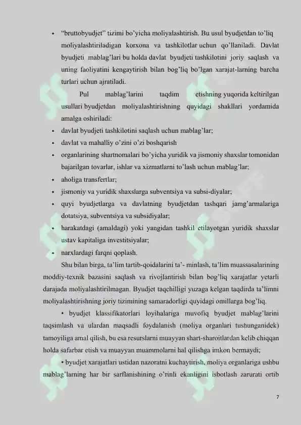 DAVLAT MADANIYAT MUASSASALARI XARAJATLARINI REJALASHTIRISH VA BYUDJETDAN MOLIYALASHTIRISH TARTIBI 7