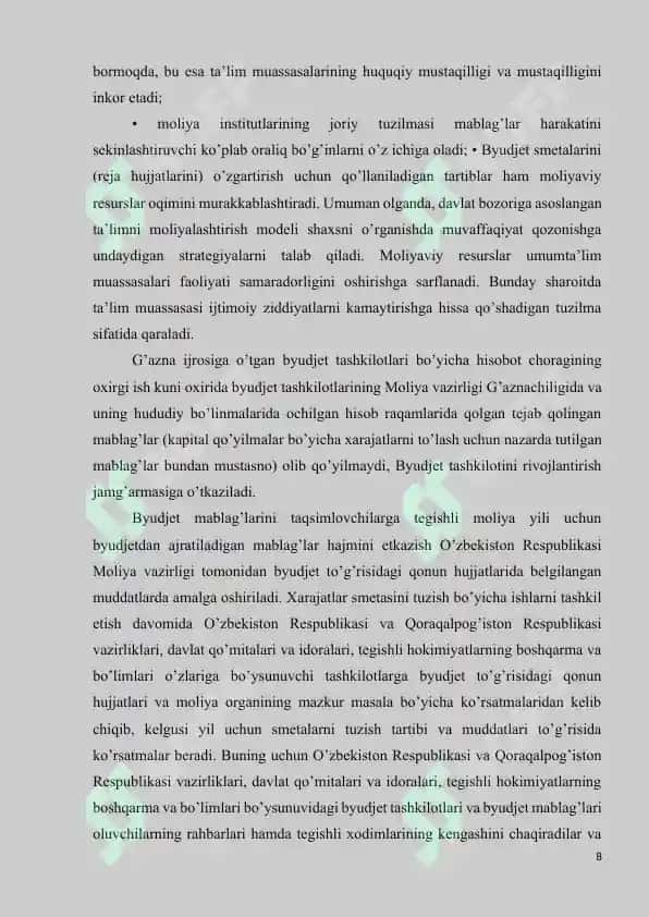 DAVLAT MADANIYAT MUASSASALARI XARAJATLARINI REJALASHTIRISH VA BYUDJETDAN MOLIYALASHTIRISH TARTIBI 8