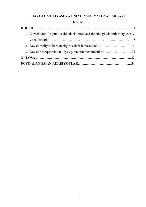 DAVLAT MOLIYASI VA UNING ASOSIY YO’NALISHLARI