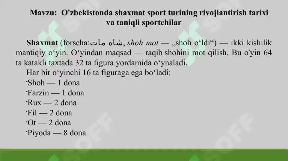 8. O'zbekistonda shaxmat sport turining rivojlantirish tarixi va taniqli sportchilar. Taqdimot, 11 bet. 2