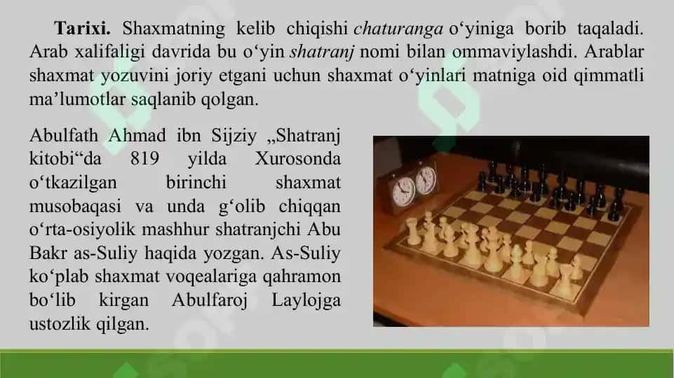 8. O'zbekistonda shaxmat sport turining rivojlantirish tarixi va taniqli sportchilar. Taqdimot, 11 bet. 4