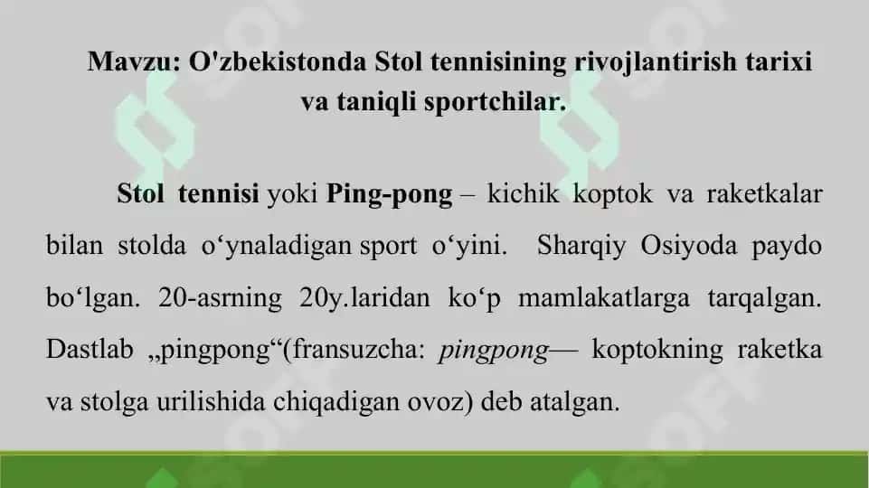 9. O'zbekistonda Stol tennisining rivojlantirish tarixi va taniqli  sportchilar. Taqdimot, 10 bet. 2