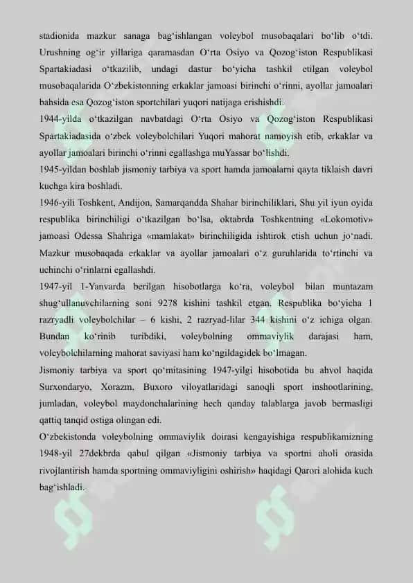 4. O'zbekistonda Volleybol sport turining rivojlantirish tarixi va taniqli sportchilar. Referat 6 bet. 4