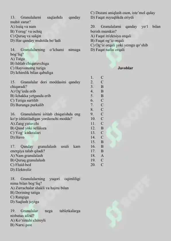 6. Veterinariya amaliyotida qo'llaniladigan granulalar texnologiyasi. Test 20 ta, javobi bilan. 2