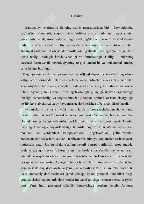 6. Veterinariya amaliyotida qo'llaniladigan granulalar texnologiyasi. Referat 13 bet. 2