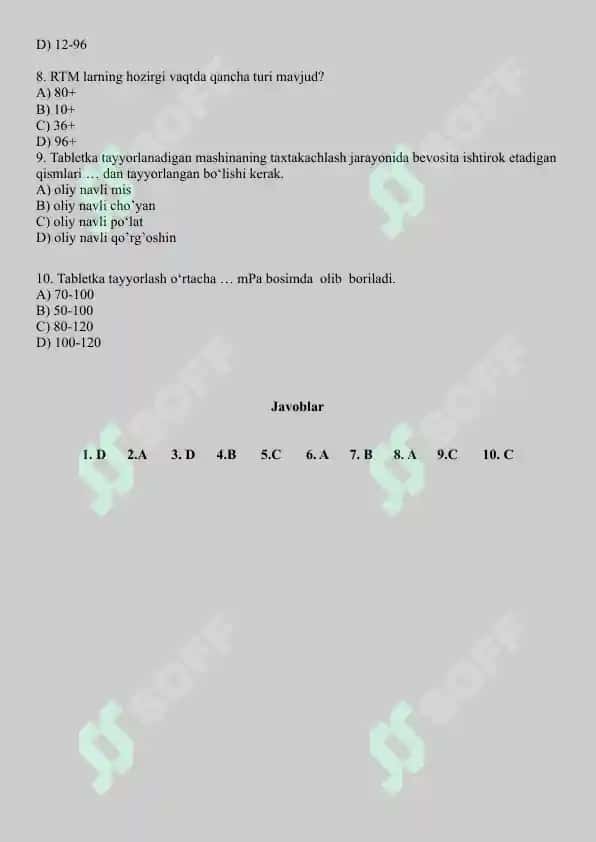 4. Yangi rusumli RTM lar va ularning texnik xarakteristikasi. Test 10 ta, javoblari bilan. 2
