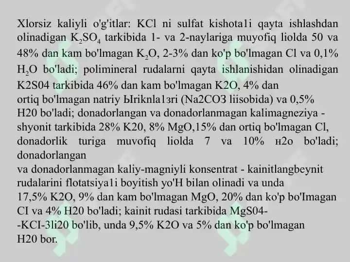 KCl ishlab chiqarishdagi asosiy xomashyolar 8