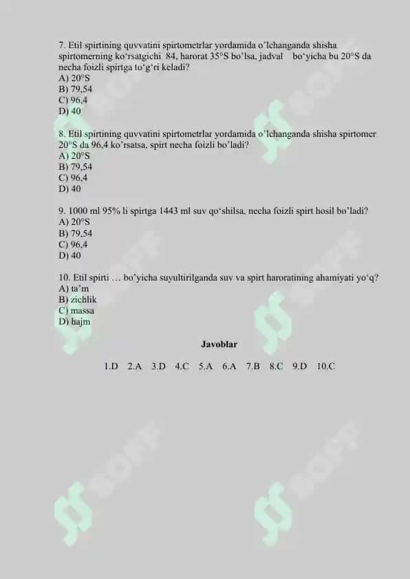 1. Etil spirti. Quvvatini aniqlash va suyultirish. Test 10 ta, javoblari bilan. 2