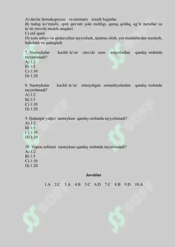 6. Valeriana, ermon, qalampiryalpiz va belladonna nastoykalarining sifatini baholash. Test 10 ta, javoblari bilan. 2