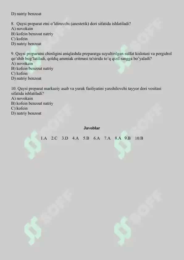 14. Novokain, kofein benzoat natriy in'yektsion eritmalarining sifatini baholash. Test 10 ta, javoblari bilan. 2