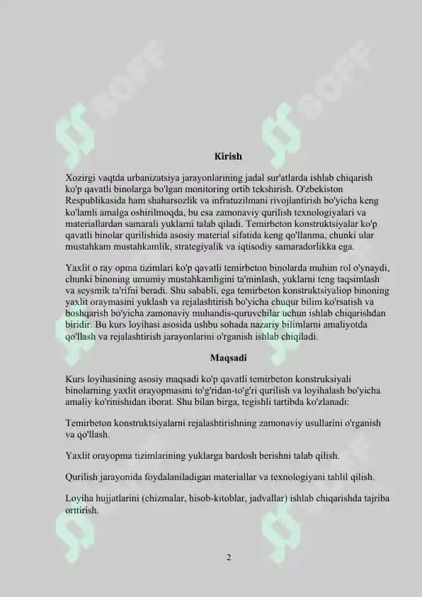 Kurs loyihasi (tayyor) Ko'p qavatli temirbeton konstruksiyali binolari 2