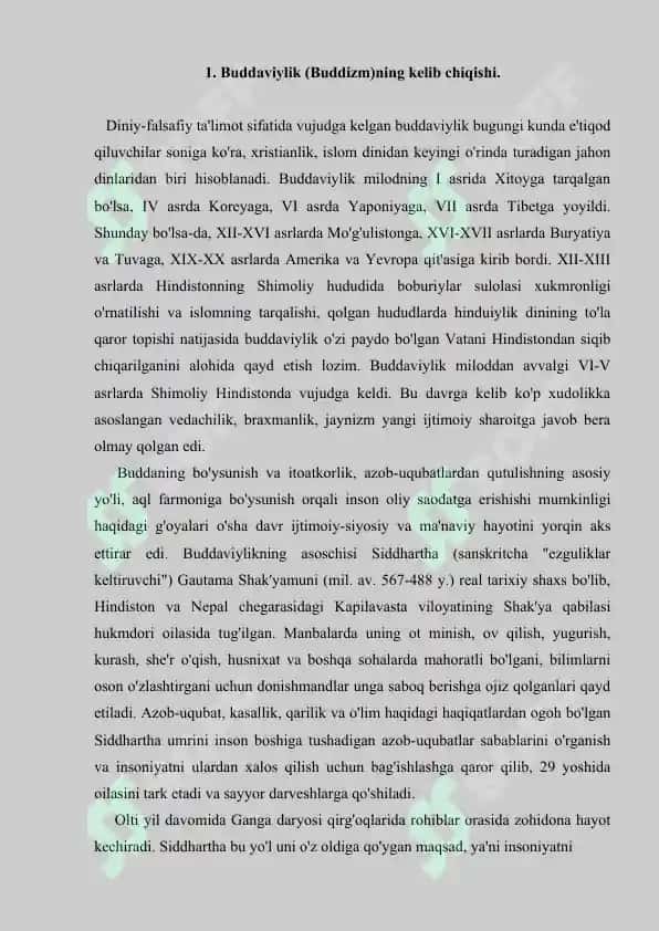 Buddaviylik dini tarixi va asosiy g'oyalari. Referat, 7 sahifa. 2