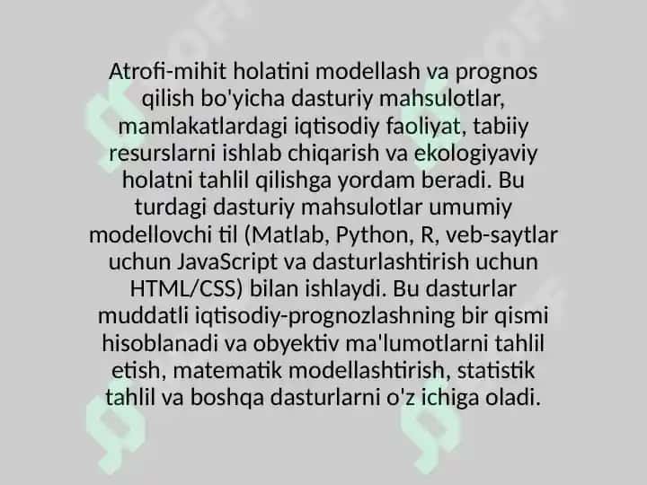 ATROF-MUHIT HOLATINI MODELLASHTIRISH VA PRAGNOZ QILISH BOYICHA DASTURIY MAHSULOTLAR 4