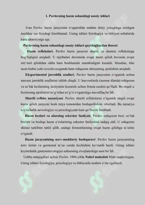5. Pavlovning hazm sohasidagi ishlari. Referat 12 bet. 2