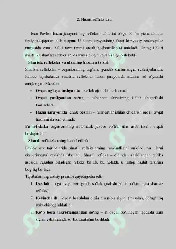 5. Pavlovning hazm sohasidagi ishlari. Referat 12 bet. 3