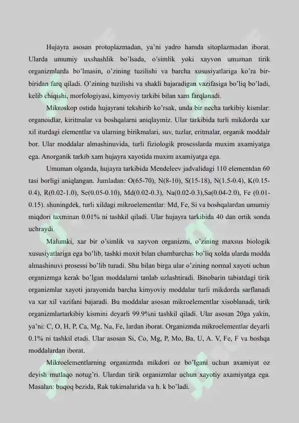 2. Hujayraning fizik-kimyoviy tarkibi. Oqsillar. Uglevodlar. Yoglar. Referat 10 bet. 4