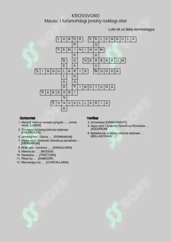 1. I turlanishdagi jenskiy roddagi otlar. Krossword 12 ta savolli, javoblari bilan. 2
