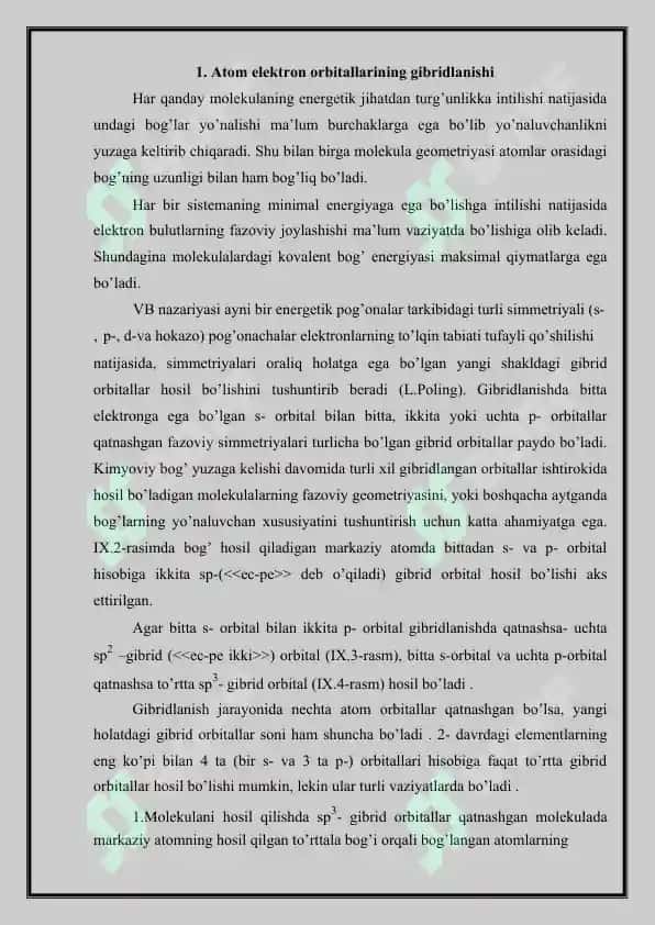 Atom orbitallar gibridlanishi.Molekulyar orbitallar metodi. 2