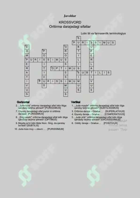 13. Orttirma darajadagi sifatlar. Krossword, 10 ta savolli, javoblari bilan. 2
