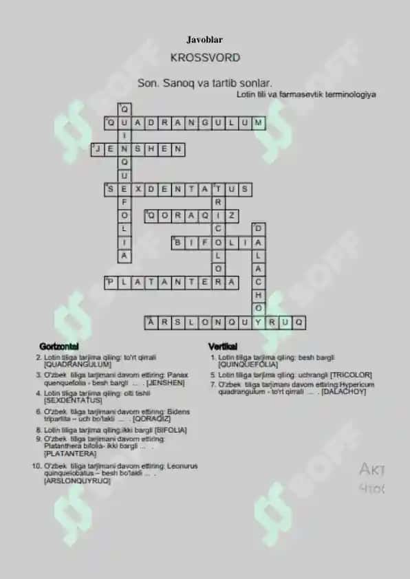 14. Son.Sanoq va tartib sonlar. Krossword, 10 ta savolli, javoblari bilan. 2