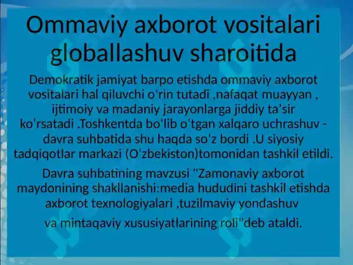 Oʻzbekiston Respublikasida Ommaviy axborot vositalarining faoliyati 4