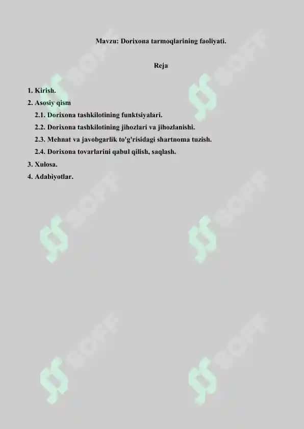 5. Dorixona tarmoqlarining faoliyati. Referat 21 bet. 2