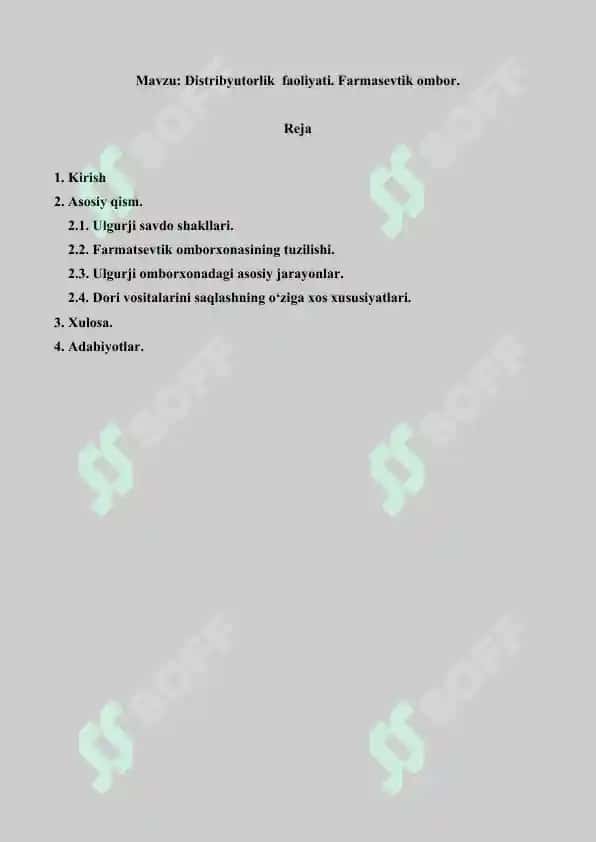 6. Distribyutorlik  faoliyati. Farmasevtik ombor. Referat 16 bet. 2