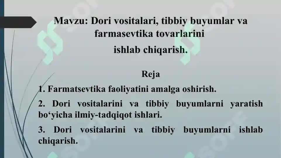 8. Dori vositalari, tibbiy buyumlar va farmasevtika tovarlarini ishlab chiqarish. Taqdimot 12 bet. 2