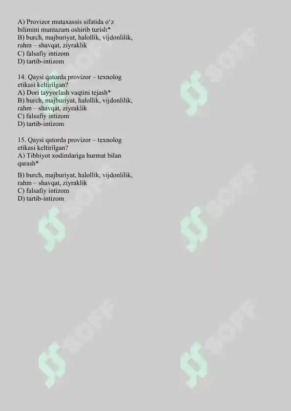 10. Farmasevt mutaxassislarning etikasi. Test 15 ta, javobli. 2