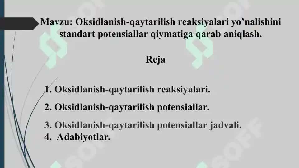 9. Oksidlanish-qaytarilish reaksiyalari yo’nalishini standart potensiallar qiymatiga qarab aniqlash. Taqdimot 12 bet. 2