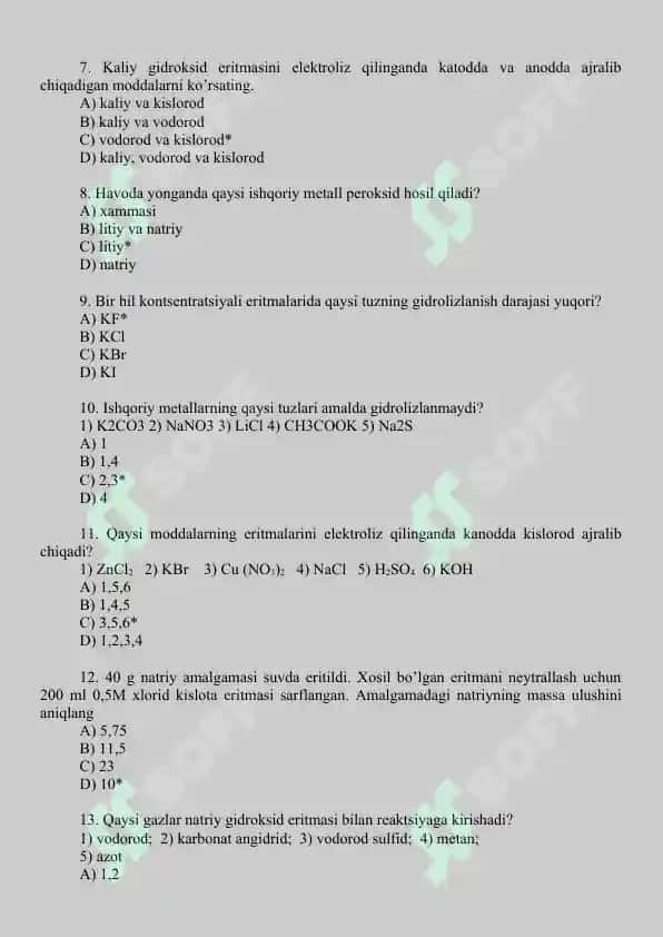 15. Atom orbitallarining gibridlanishi. Valent burchaklar. Molekuladagi atomlarning fazoda joylashishi. Test 20 ta, javobli. 2