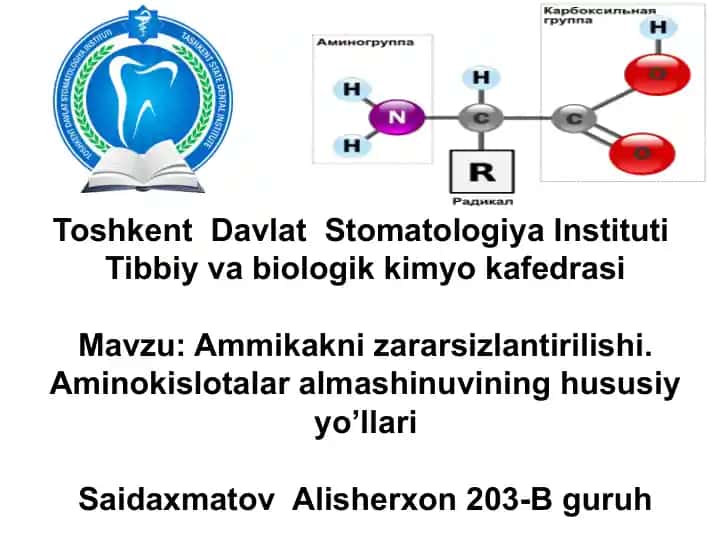 Ammikakni zararsizlantirilishi. Aminokislotalar almashinuvining hususiy yo’llari