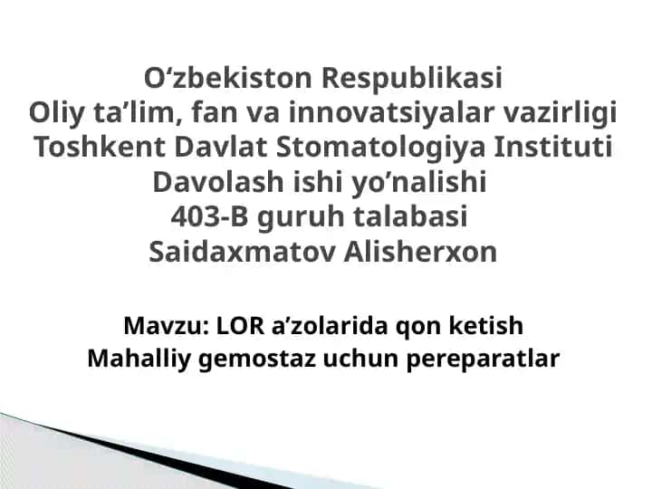 LOR a’zolarida qon ketish Mahalliy gemostaz uchun pereparatlar