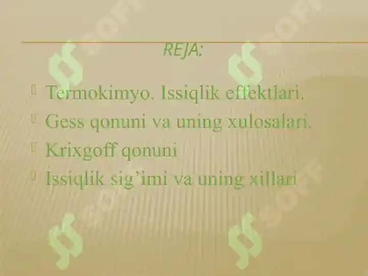 Termokimyo. Gess qonuni. Krixgoff qonuni. Issiqlik sig’imi va uning xillari. 2