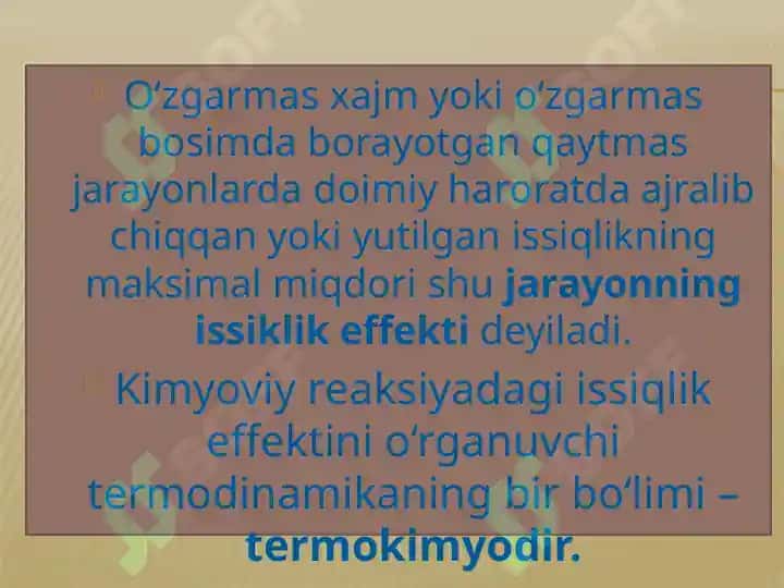Termokimyo. Gess qonuni. Krixgoff qonuni. Issiqlik sig’imi va uning xillari. 5