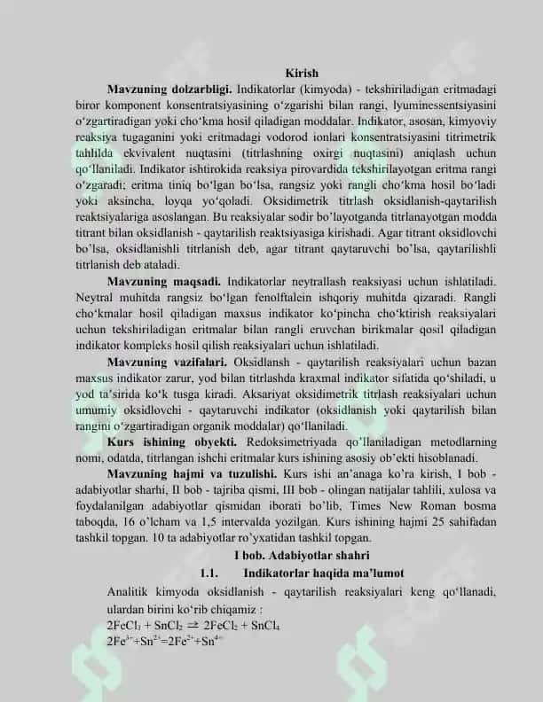Oksidlanish – qaytarilish metodida qo`llaniladigan indikatorlar va indikatorlar xatoliklarining hisoblash 3