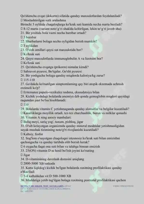 Umumiy pediatriya dan Argos testlar 2025 2