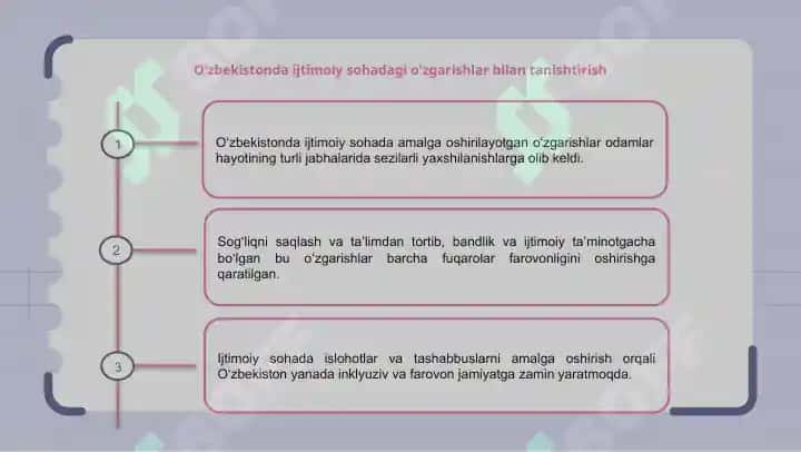 O‘zbekistonda ijtimoiy sohada amalga oshirilayotgan o‘zgarishlar mazmun va mohiyati 3
