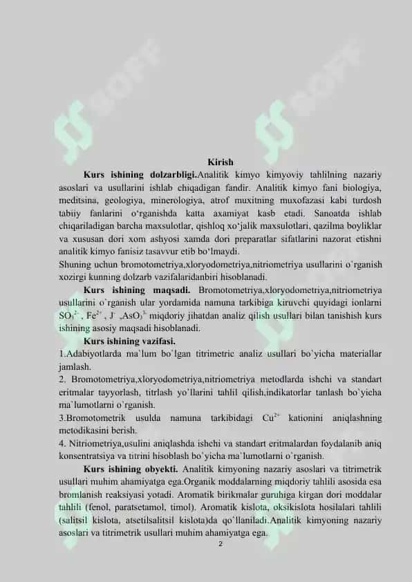 Bromatometriya,xloryodometriya,nitriometriya usullarini qo’llanishi. 2
