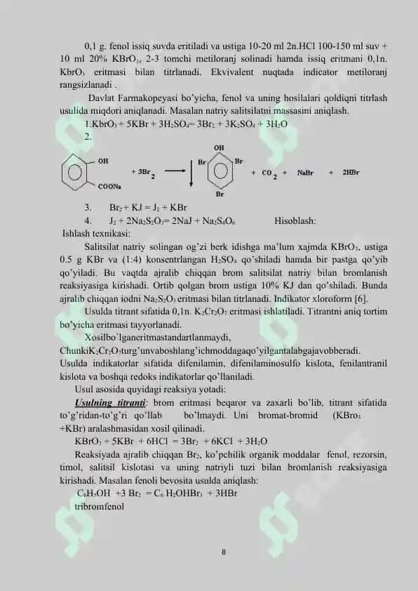 Bromatometriya,xloryodometriya,nitriometriya usullarini qo’llanishi. 8