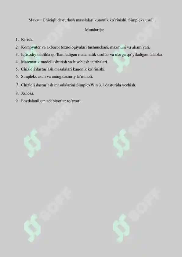 Chiziqli dasturlash masalalari kononik ko’rinishi. Simpleks usuli 2