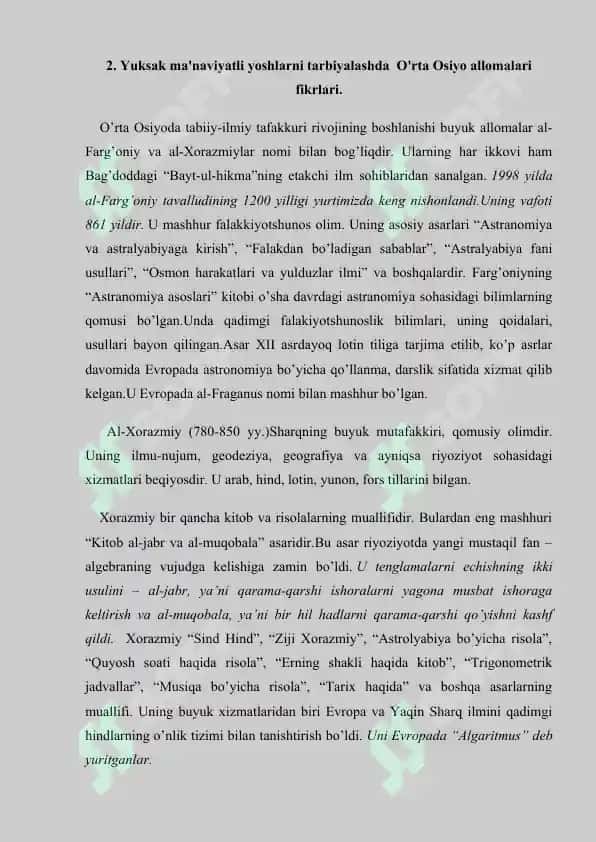 Yuksak ma'naviyatli yoshlarni tarbiyalashda  O'rta Osiyo allomalari  merosining  o’rni. Referat 25 bet. 5