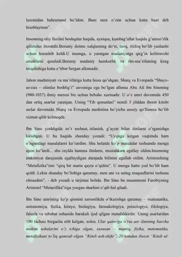 Yuksak ma'naviyatli yoshlarni tarbiyalashda  O'rta Osiyo allomalari  merosining  o’rni. Referat 25 bet. 8