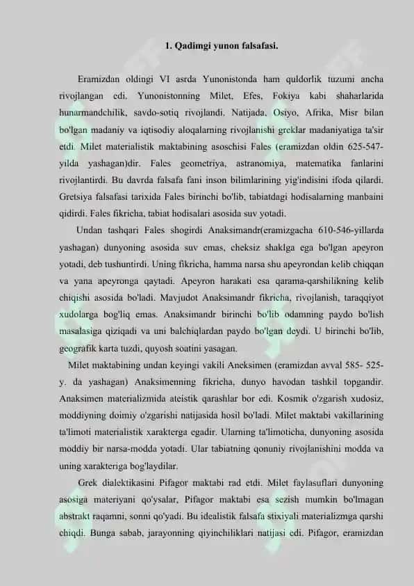 Falsafiy tafakkur taraqqiyot bosqichlari. G‘arb falsafasi. Referat 10 bet. 2