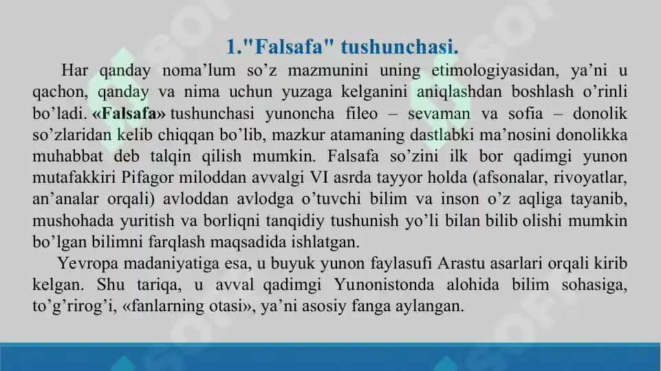 1. Falsafa turmush tarzi va dunyoni anglash usuli. Taqdimot 12 bet 3