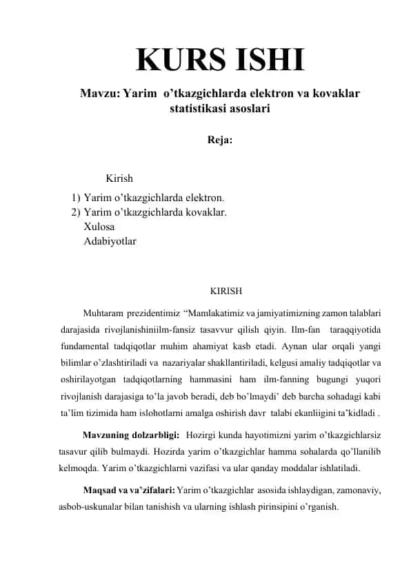 Yarim o’tkazgichlarda elektron va kovaklar statistikasi asoslari