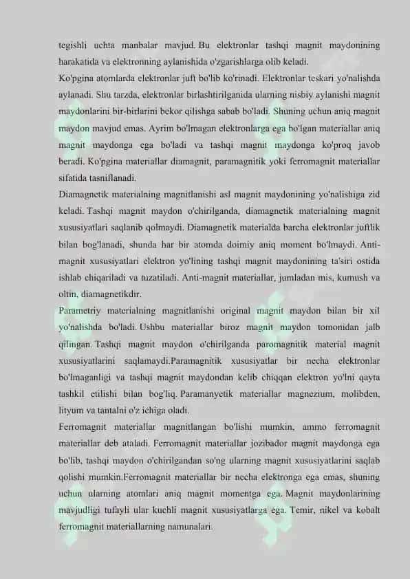 Qattiq jismlarning magnitlanishi, Ferromagnitlar, Paramagnitiklar, Diamagnitiklar 6