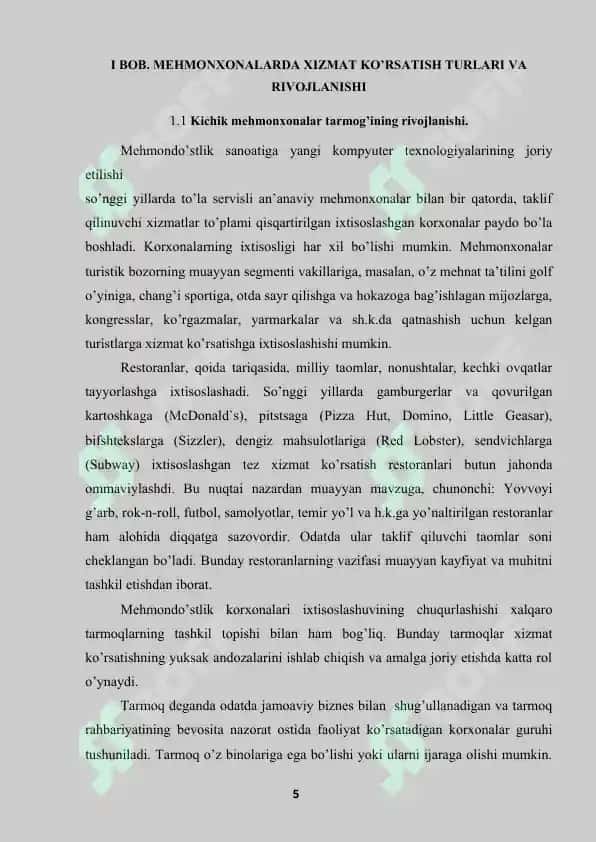 MEHMONXONALARDA XIZMAT KO’RSATISH TURLARI VA RIVOJLANISHI 5
