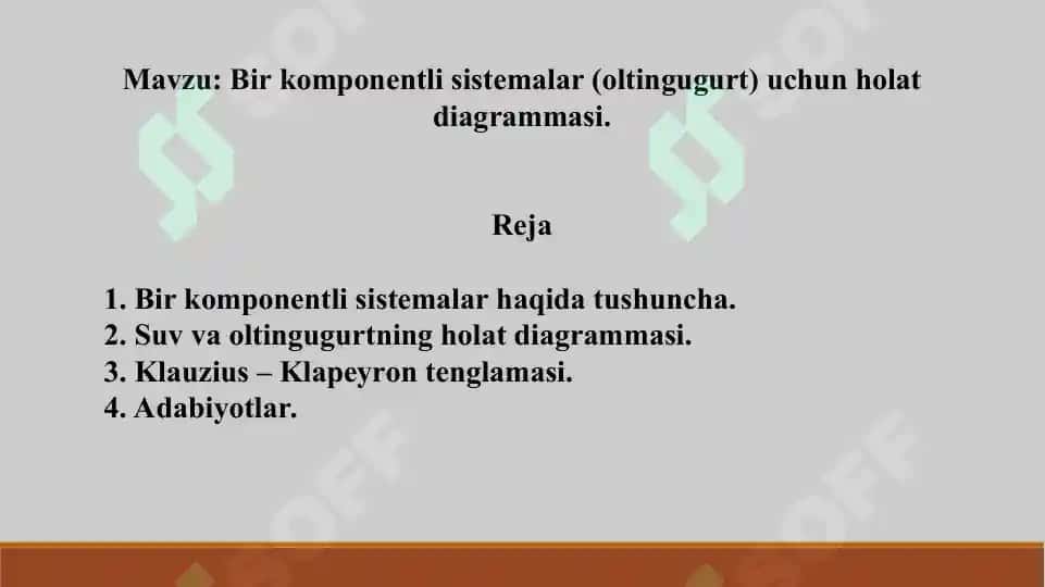 3. Bir komponеntli sistеmalar (oltingugurt) uchun holat diagrammasi.  Taqdimot 10 bet. 2